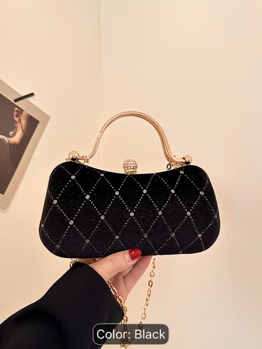 Gold-Trim Black Velvet Evening Clutch with Crystal Knot